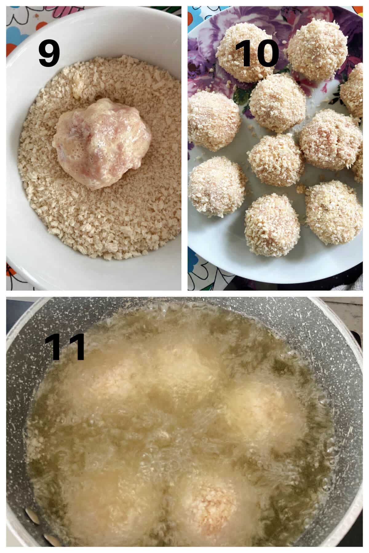 Collage of 3 photos to show how to make the chicken kiev balls.