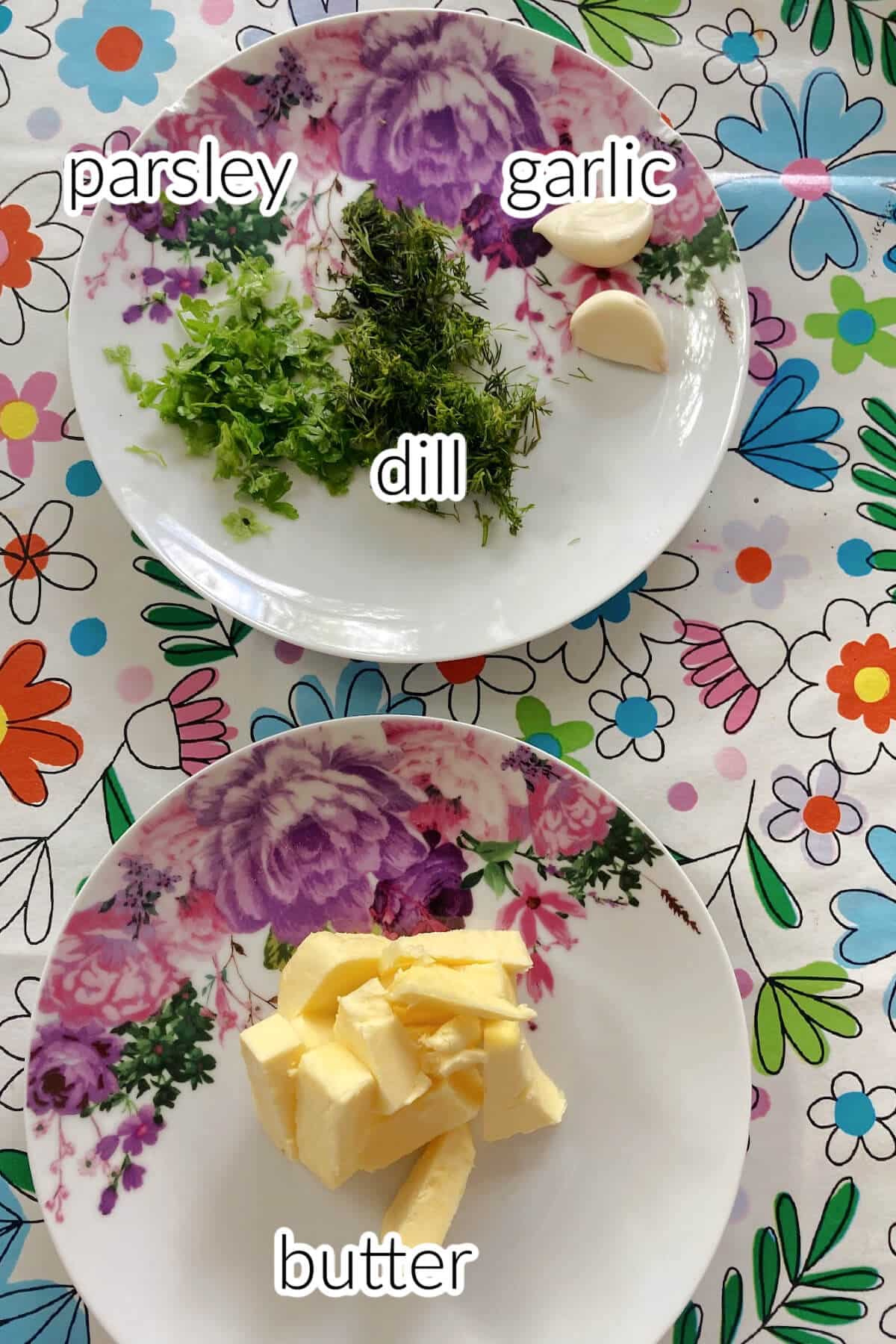 Ingredients needed to make garlic herb butter.