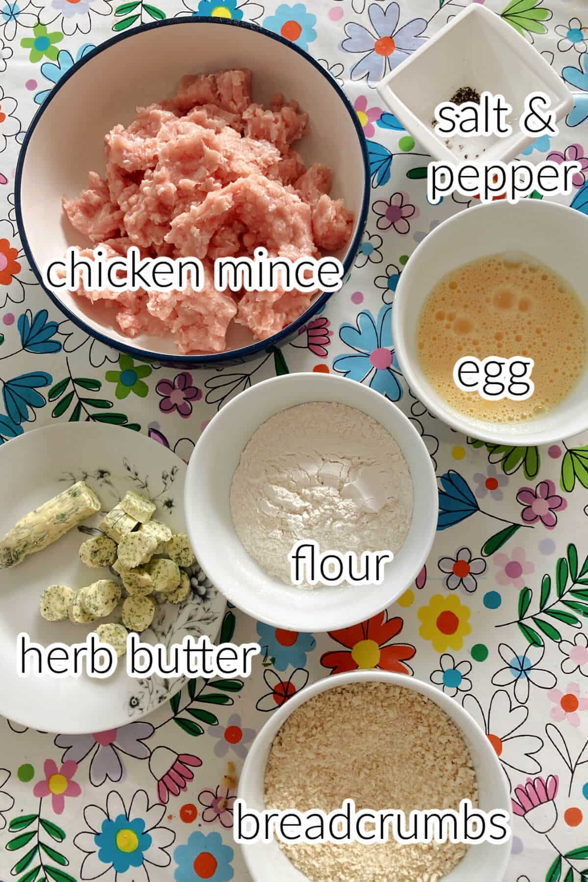 Ingredients needed to make chicken kiev balls.