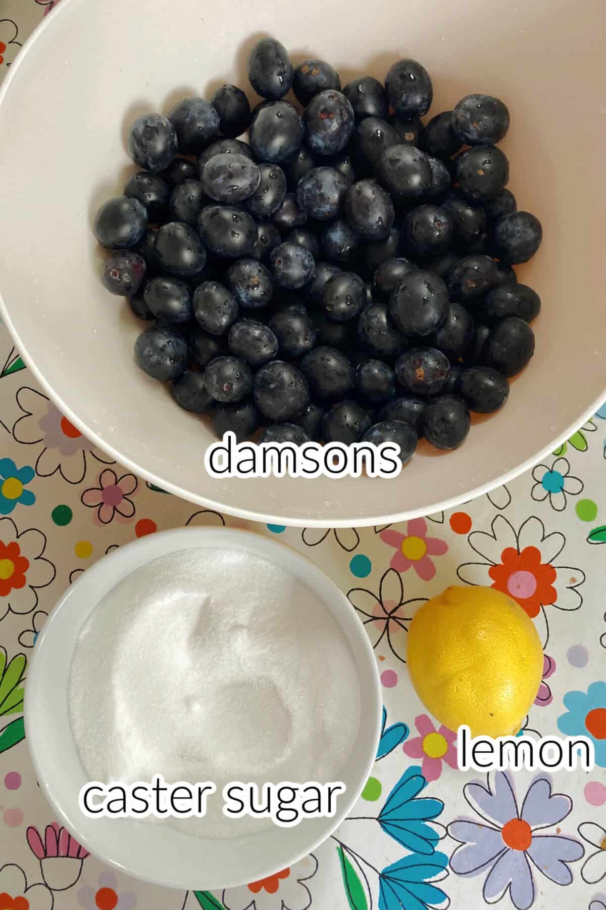 A bowl with damsons, a bowl with sugar and a lemon on a table.
