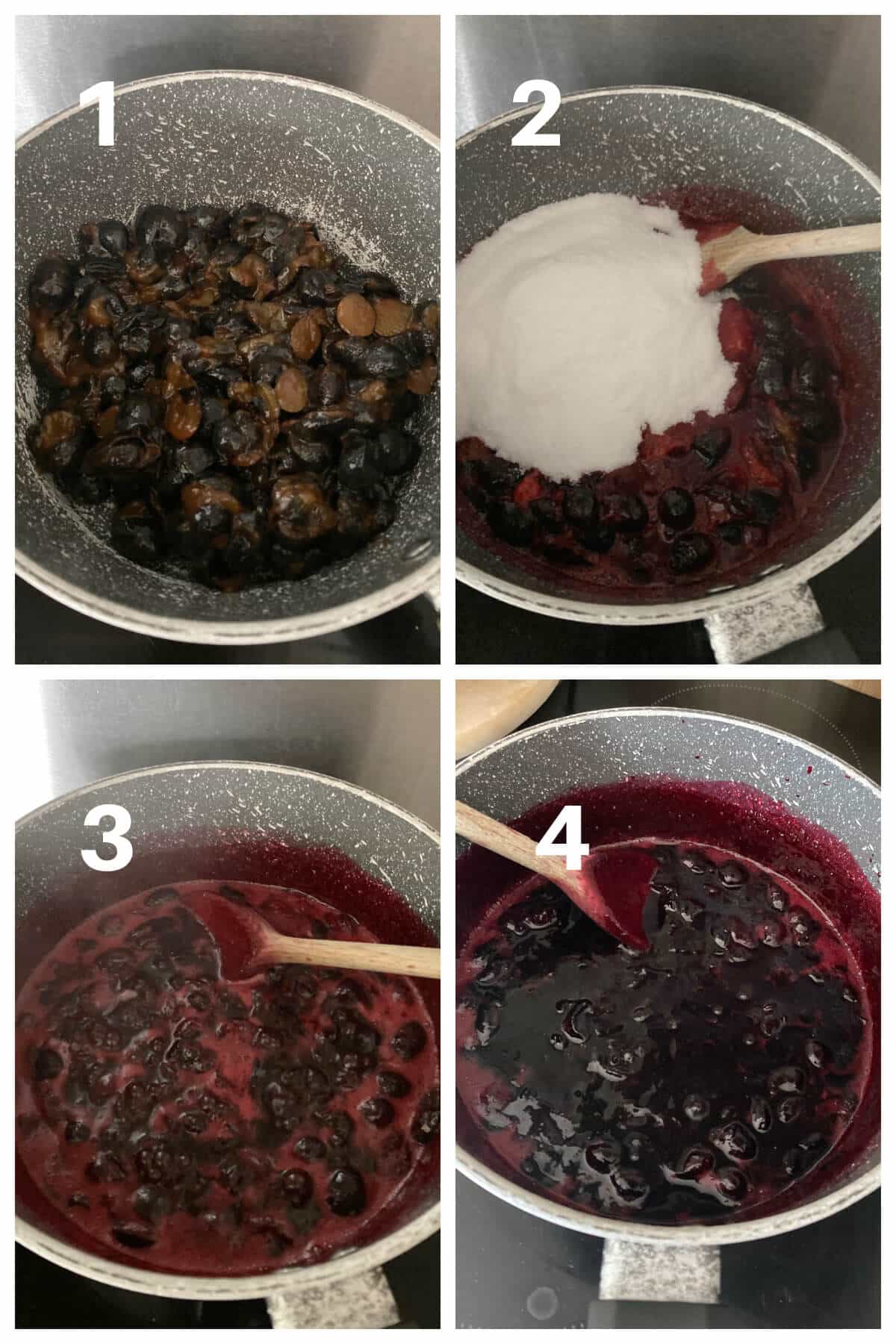 Collage of 4 photos to show how to make damson jam