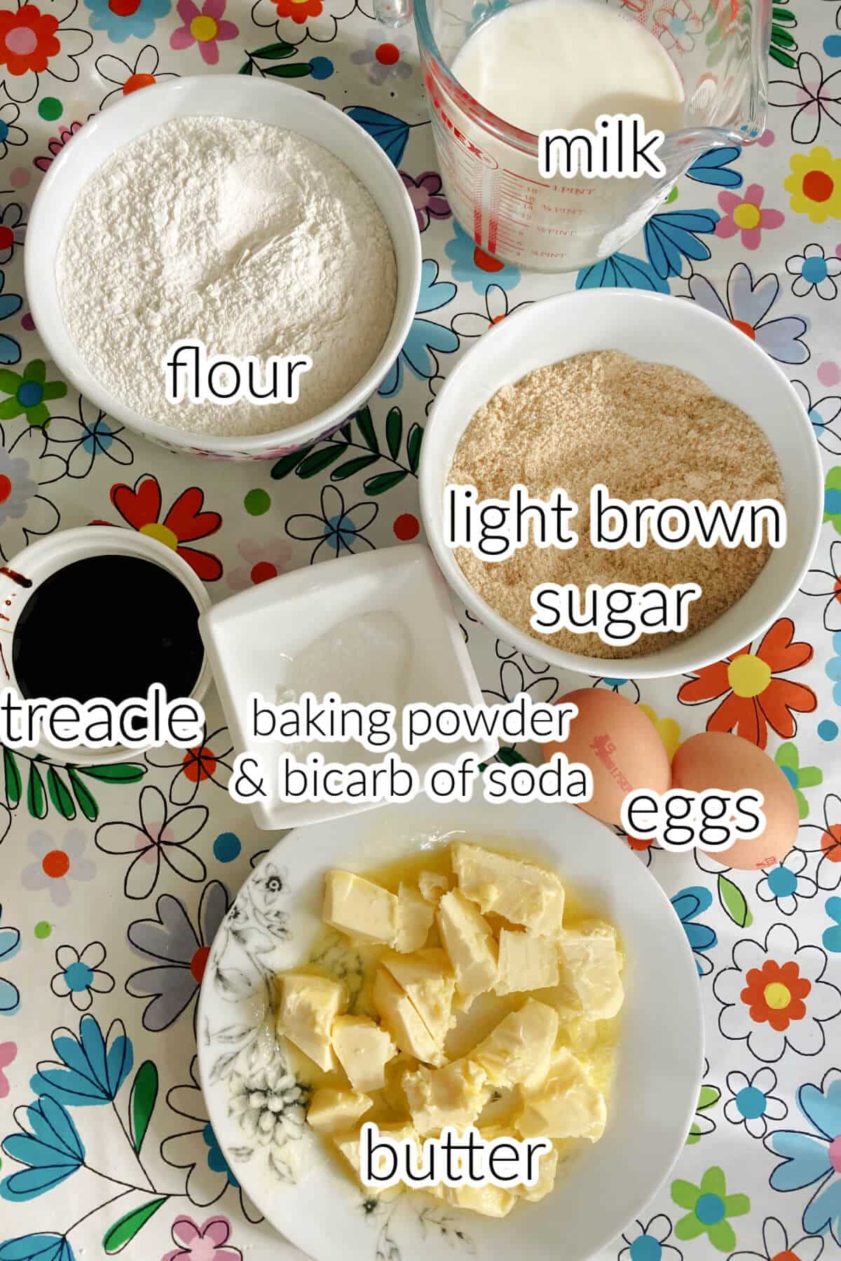 Ingredients needed to make sticky toffee pudding.