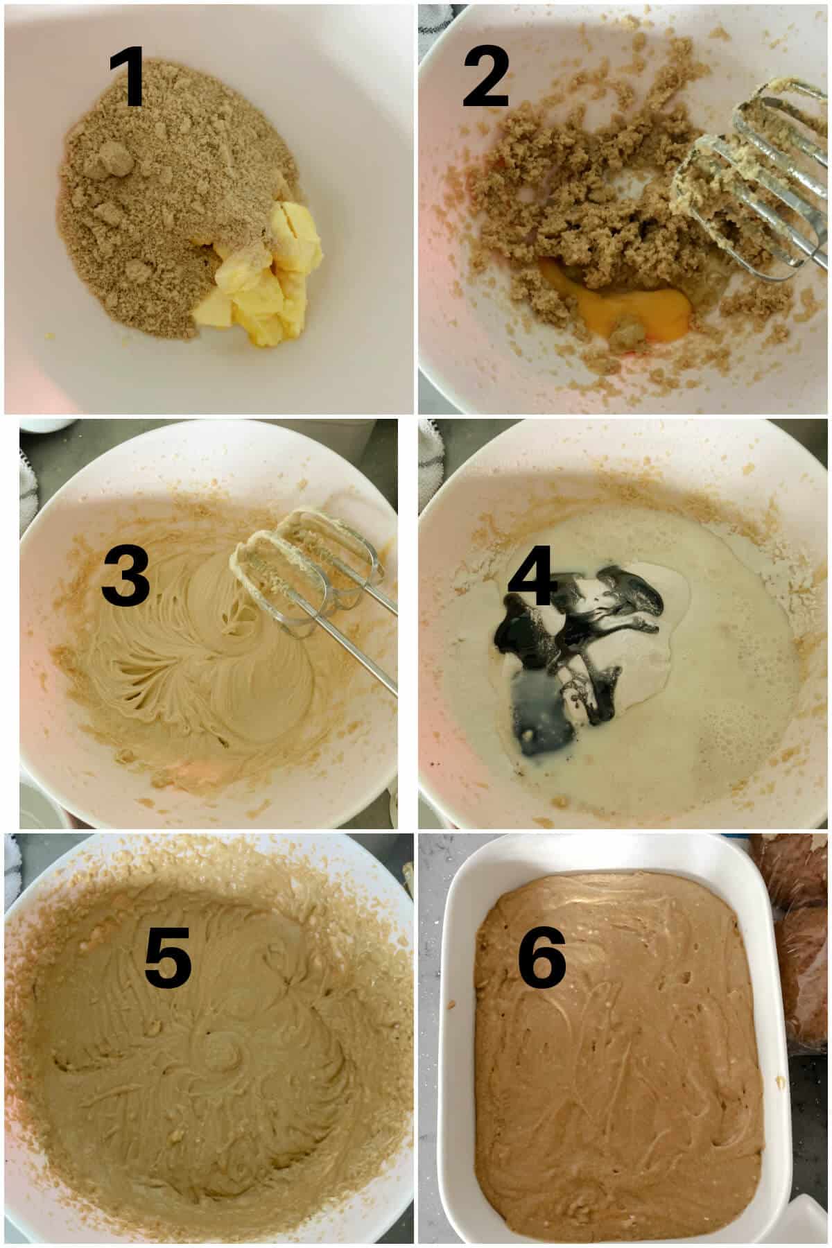Collage of 6 photos to show how to make sticky toffee pudding.