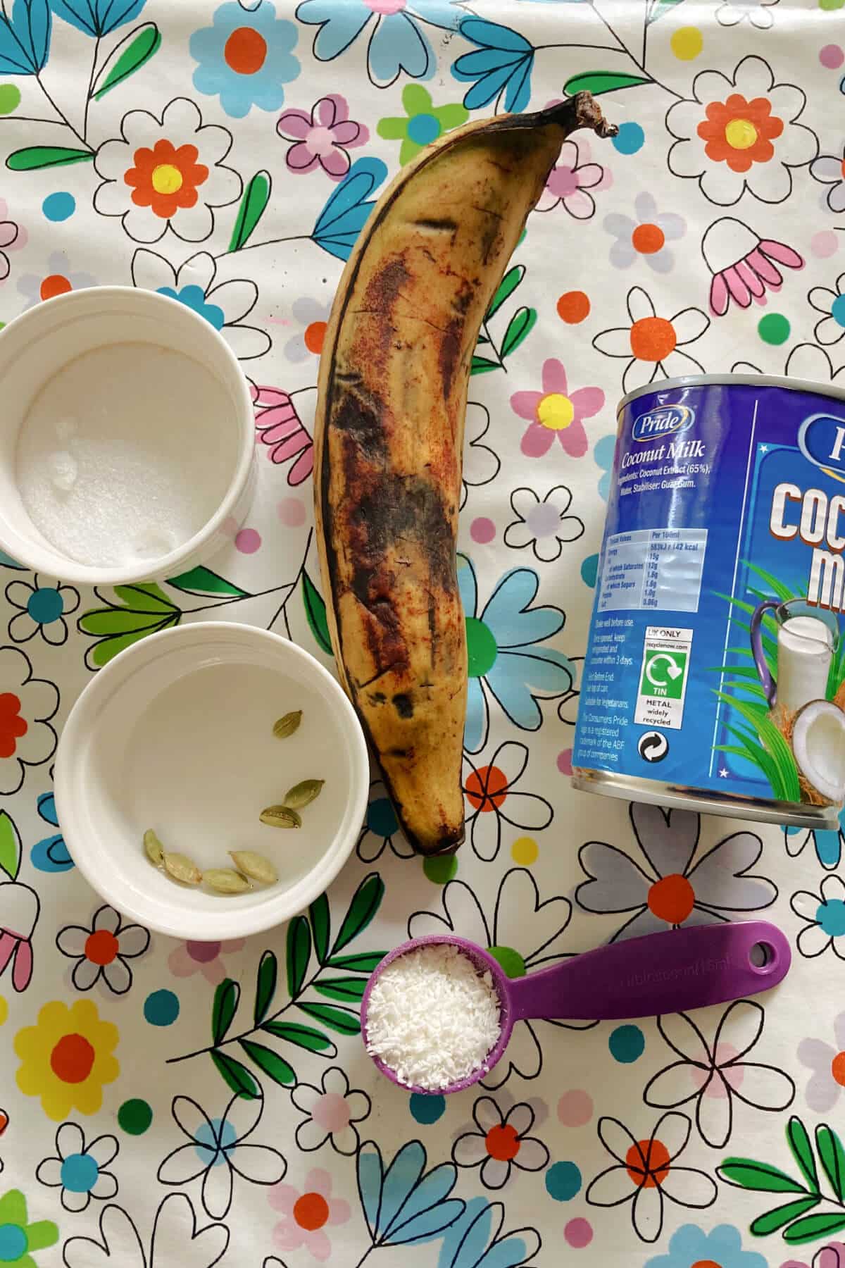 Ingredients needed to make plantains in coconut milk.