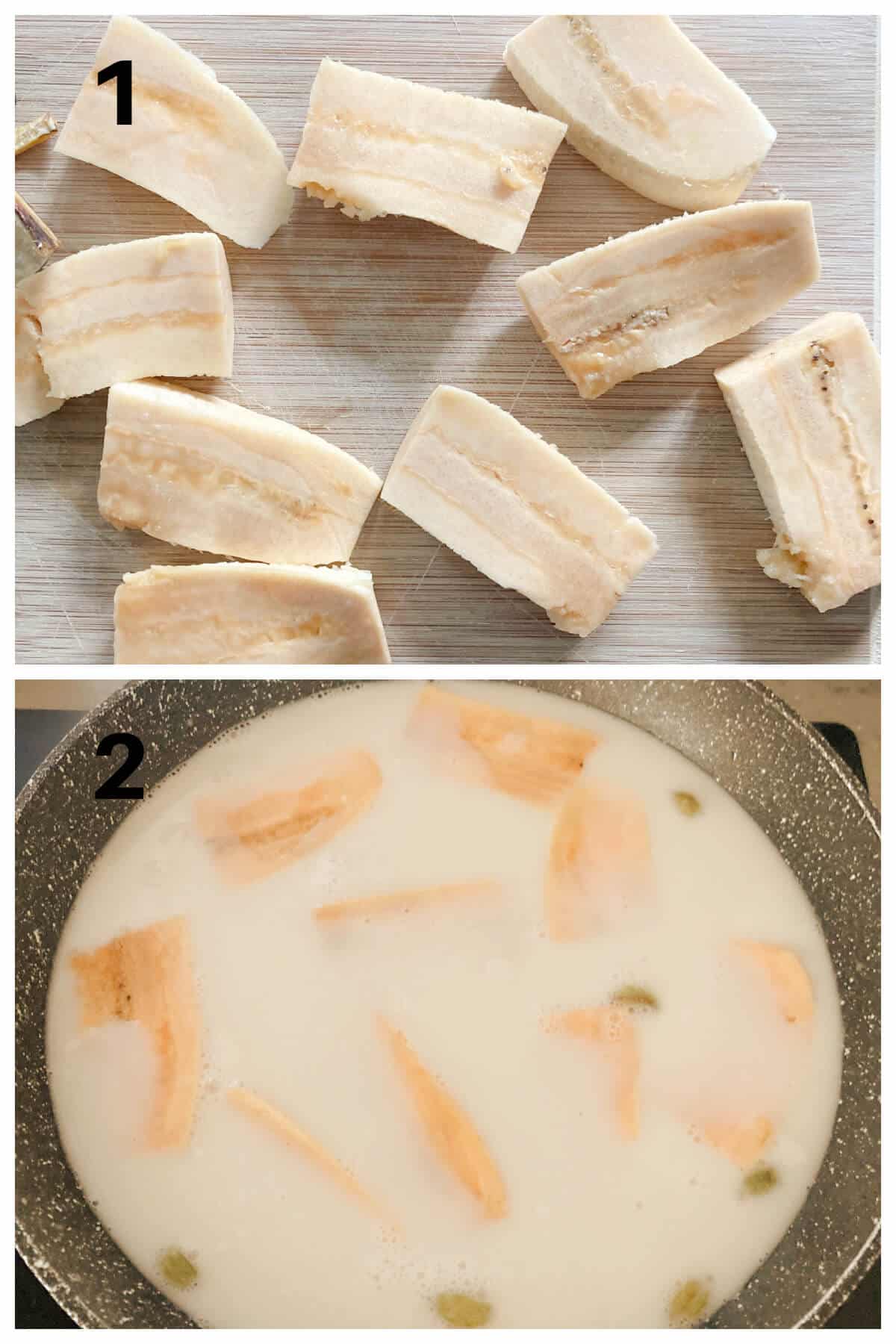 Collage of 2 photos to show how to make plantains in coconut milk.