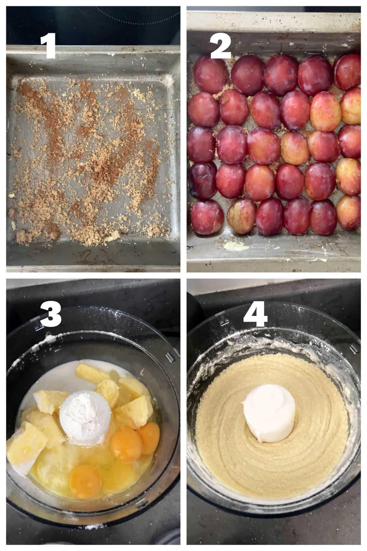 Collage of 4 photos to show how to make plum upside down cake.