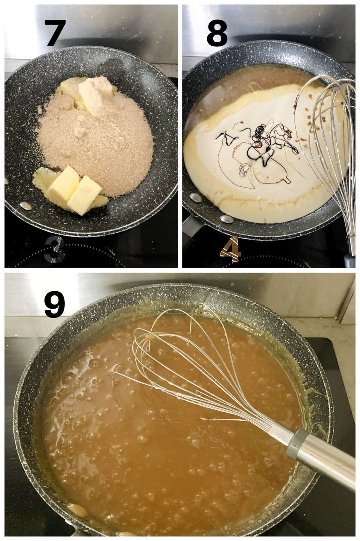 Collage of 3 photos to show how to make butterscotch sauce.