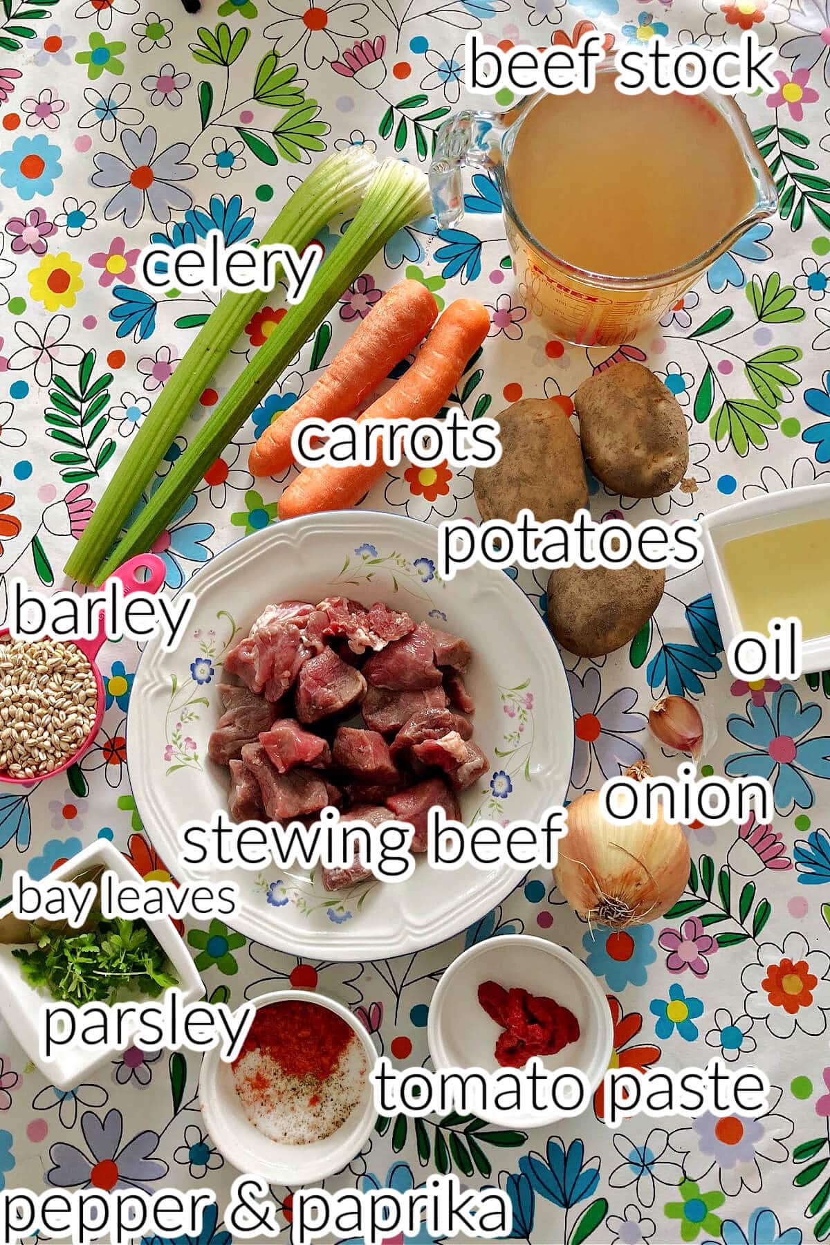 Ingredients needed to make beef and barley soup with vegetables.