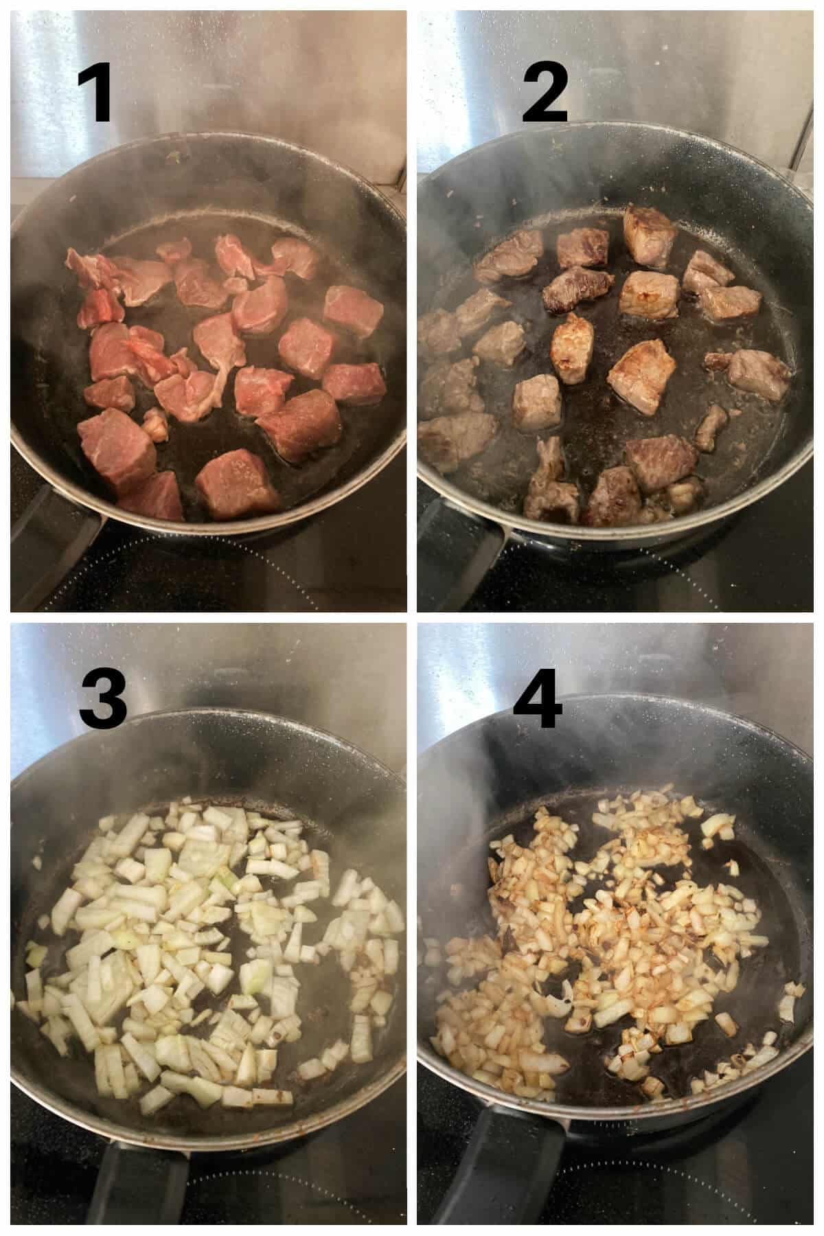 Collage of 4 photos to show how to make beef soup.
