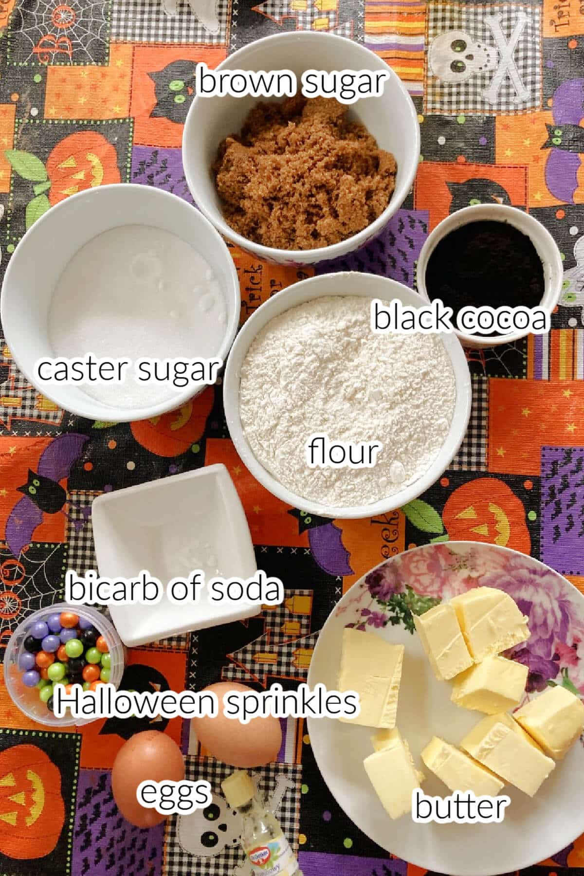 Ingredients needed to make black Halloween cookies.