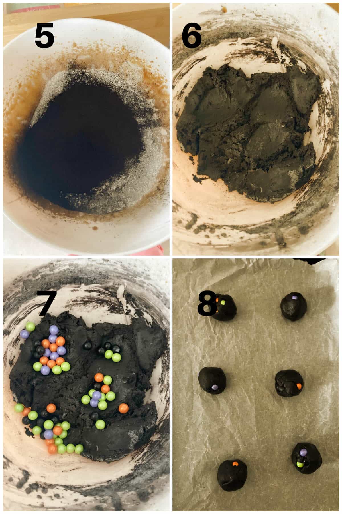 Collage of 4 photos to show how to make black cookies.