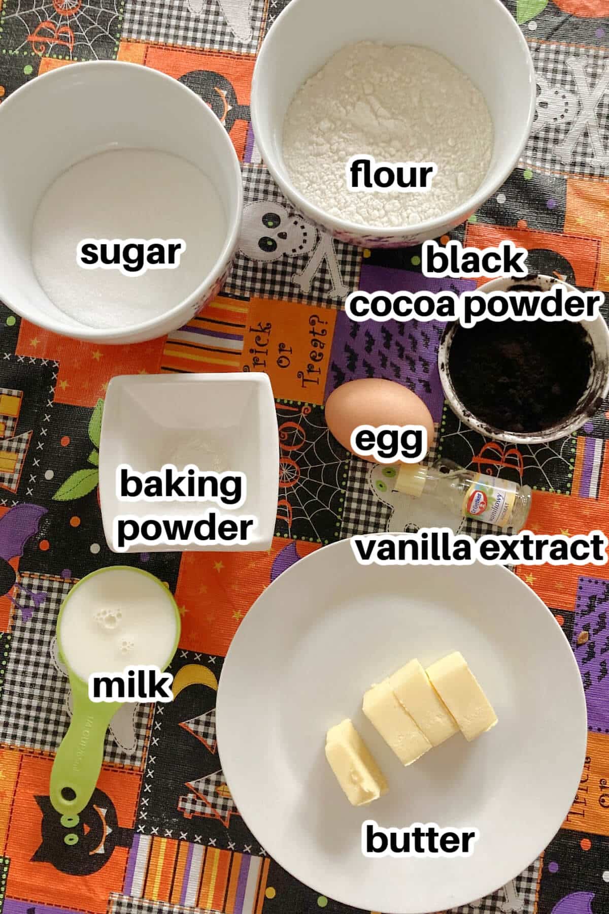 Ingredients needed to make black velvet cupcakes.