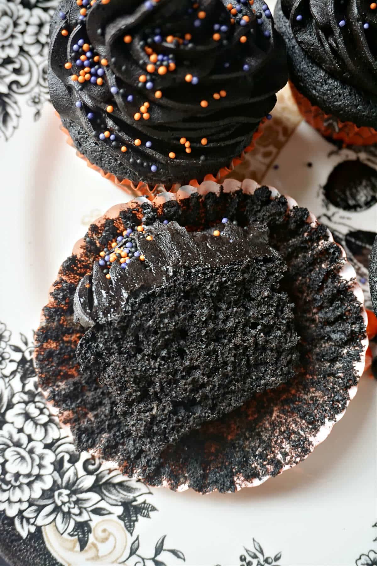 Half of a black cupcake to see how it looks inside.