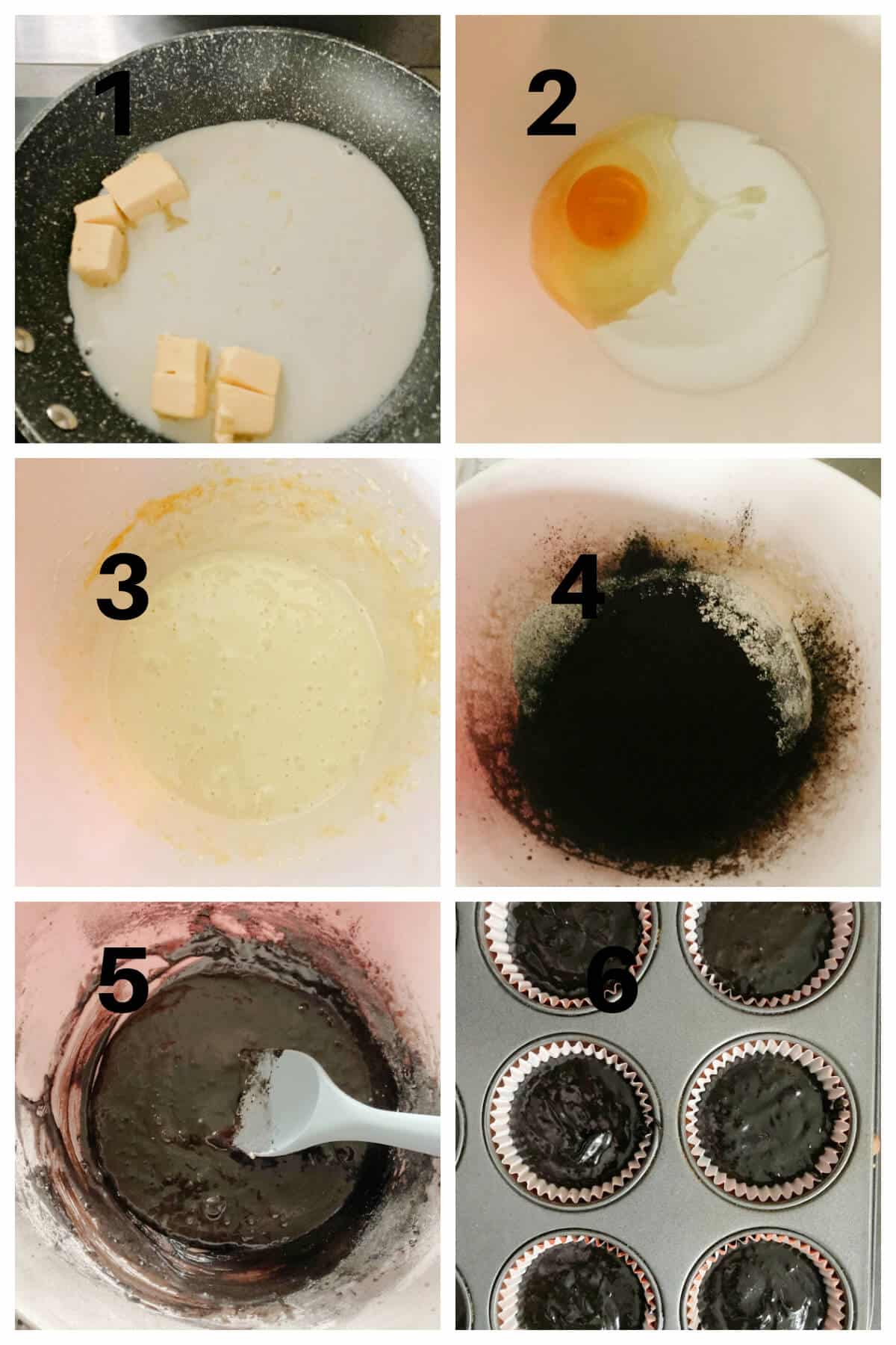 Collage of 6 photos to show how to make black cupcakes.