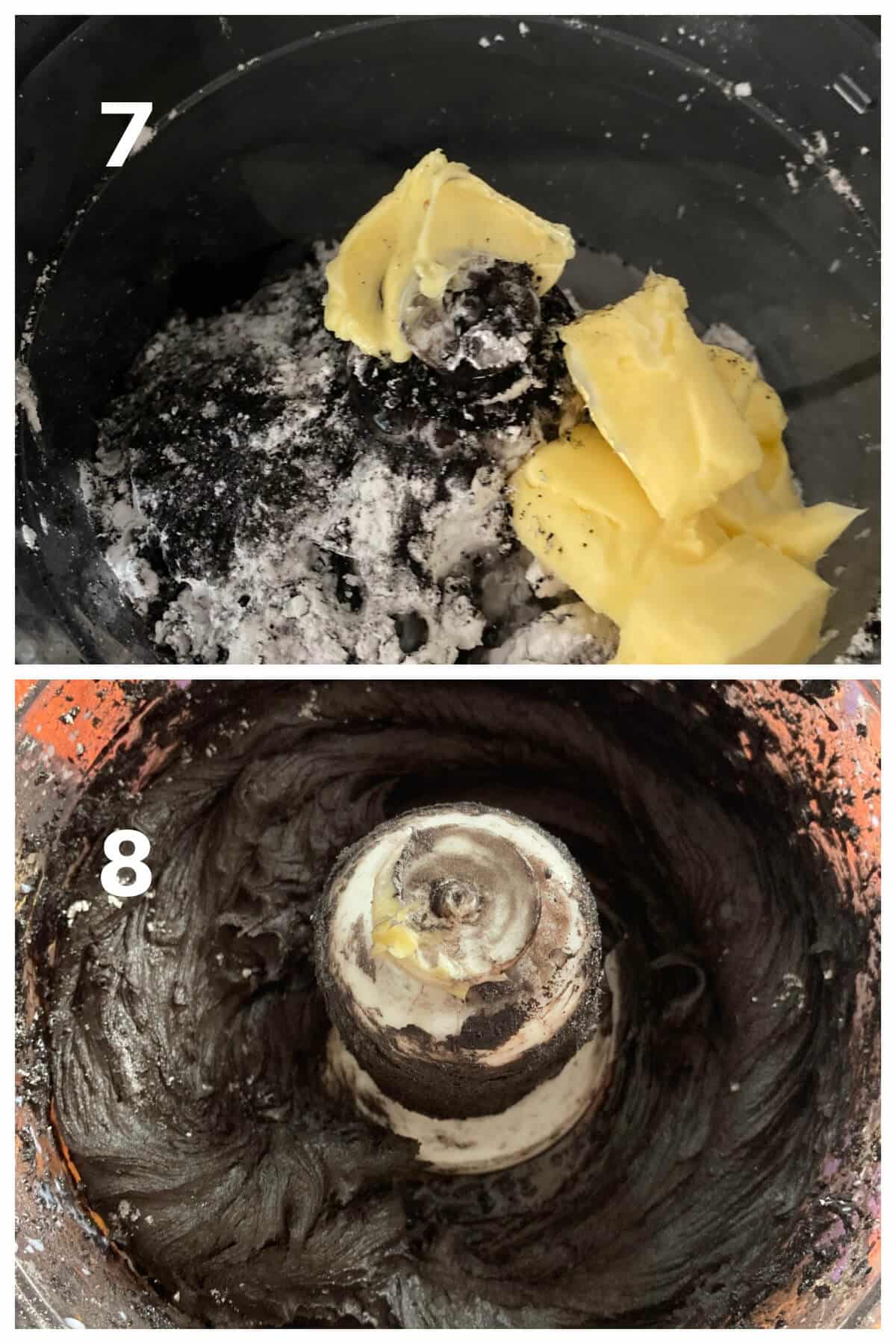 Collage of 2 photos to show how to make black buttercream.