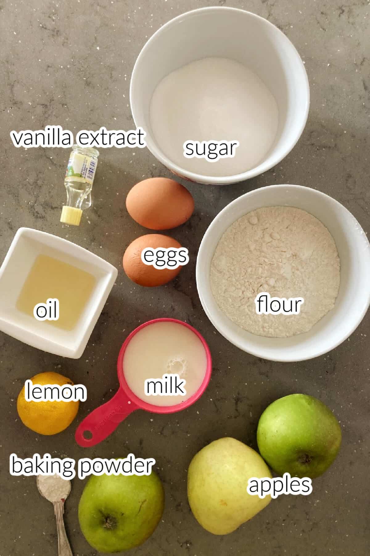 Ingredients needed to make an apple cake.