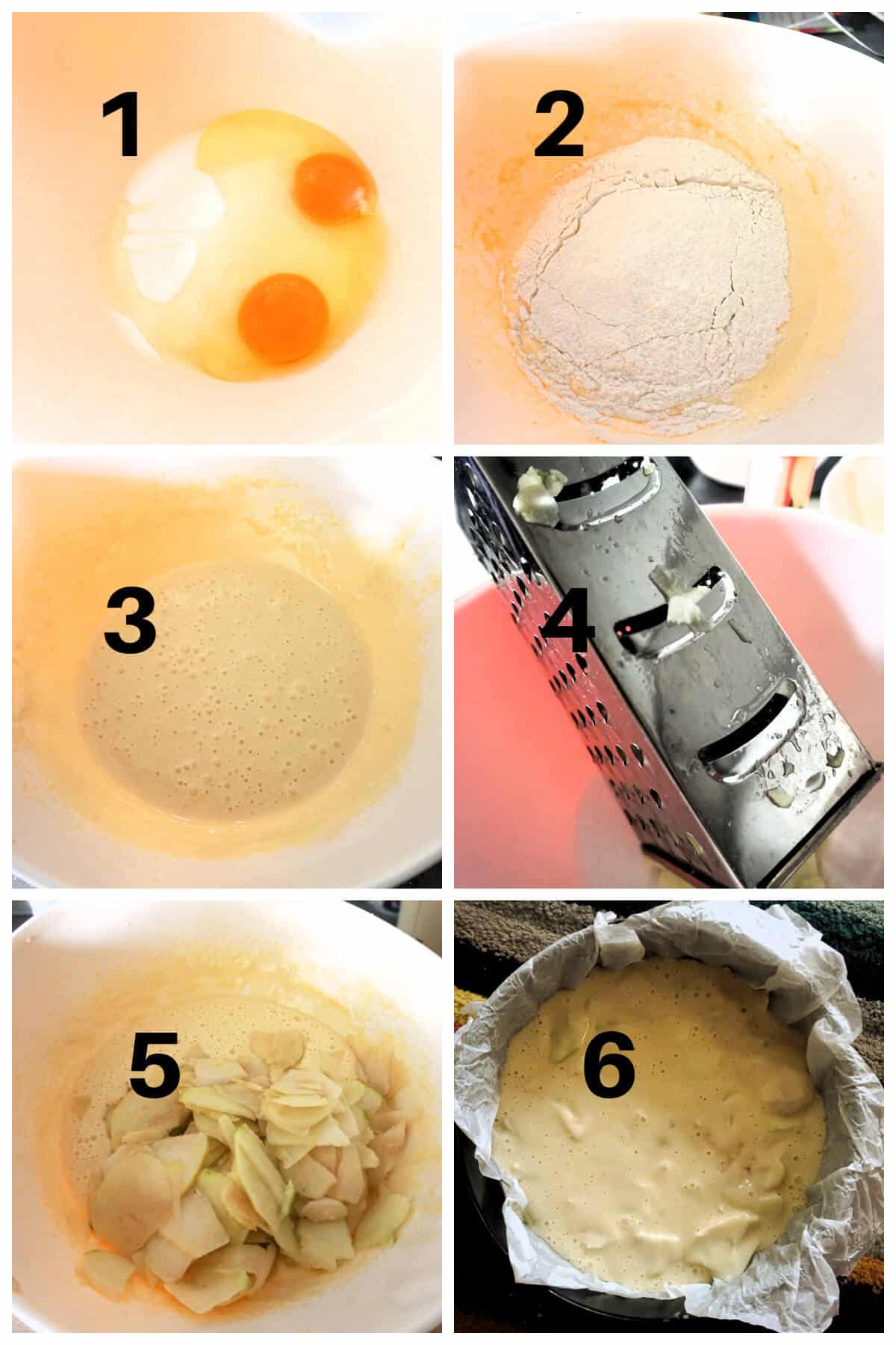 Collage of 6 photos to show how to make apple cake.