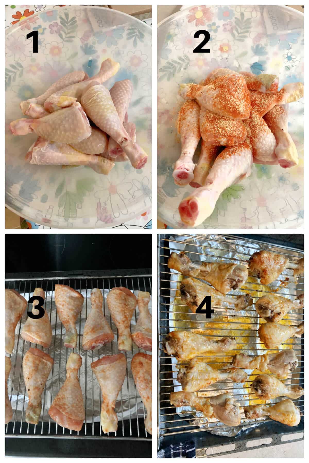Collage of 4 photos to show how to make chicken drumsticks in the oven.