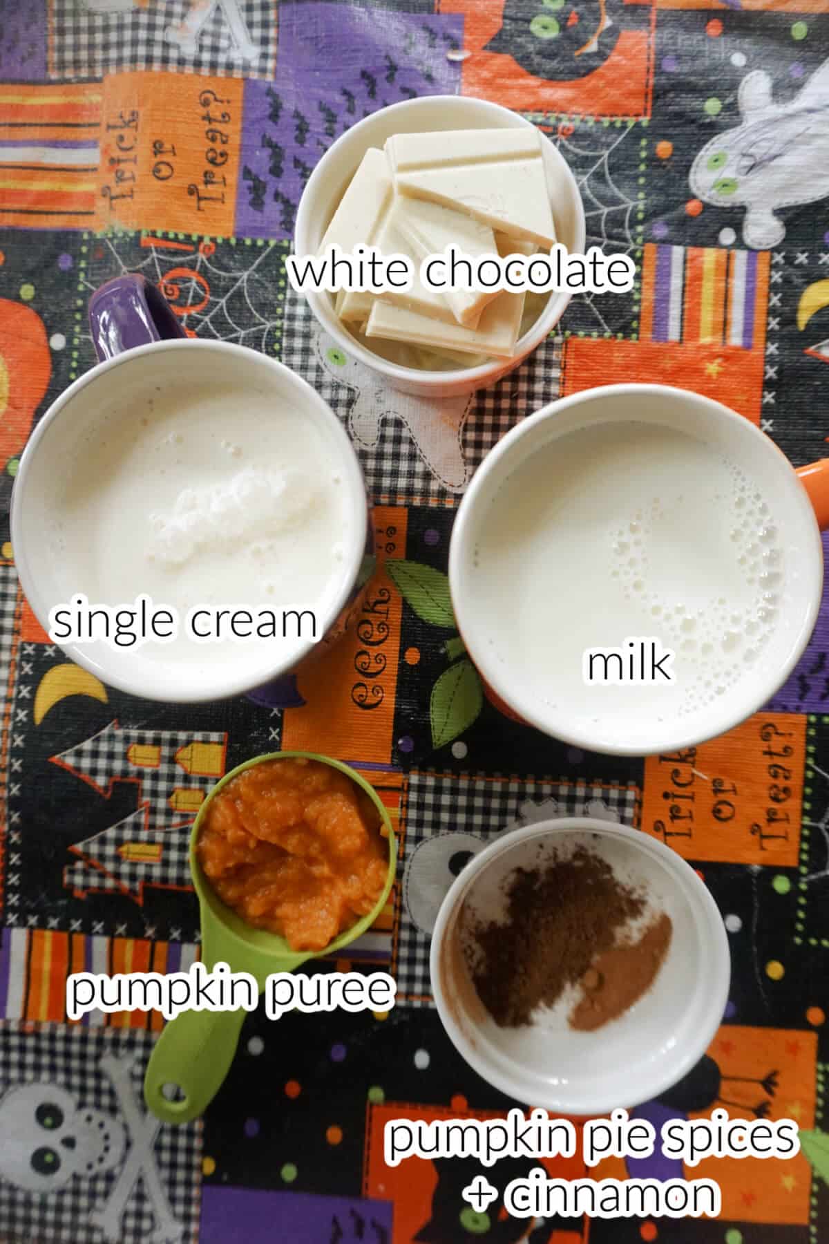 Ingredients needed to make a pumpkin white hot chocolate.