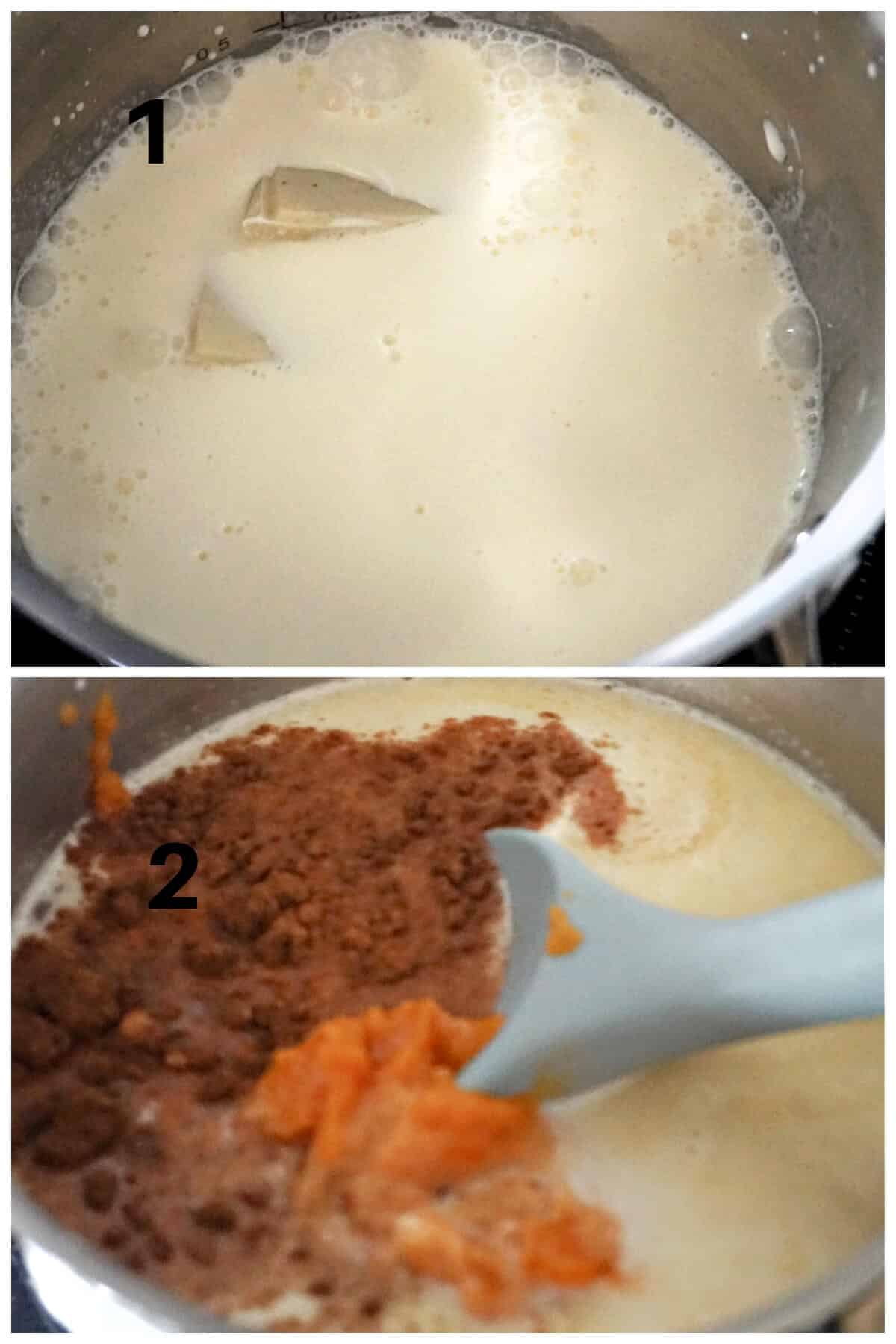 Collage of 2 photos to show how to make pumpkin white hot chocolate.