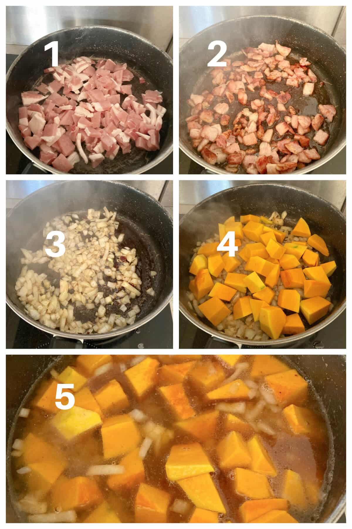 Collage of 5 photos to show how to make pumpkin and bacon soup with red lentils.