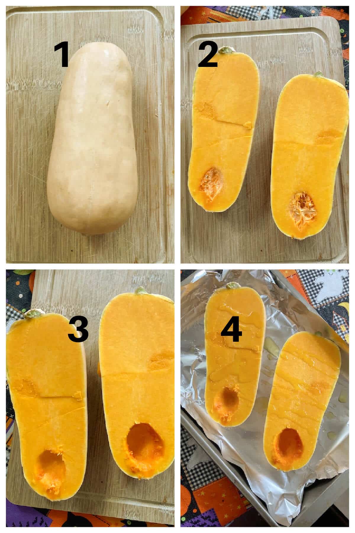 Collage of 4 photos to show how to make roasted butternut squash halves.