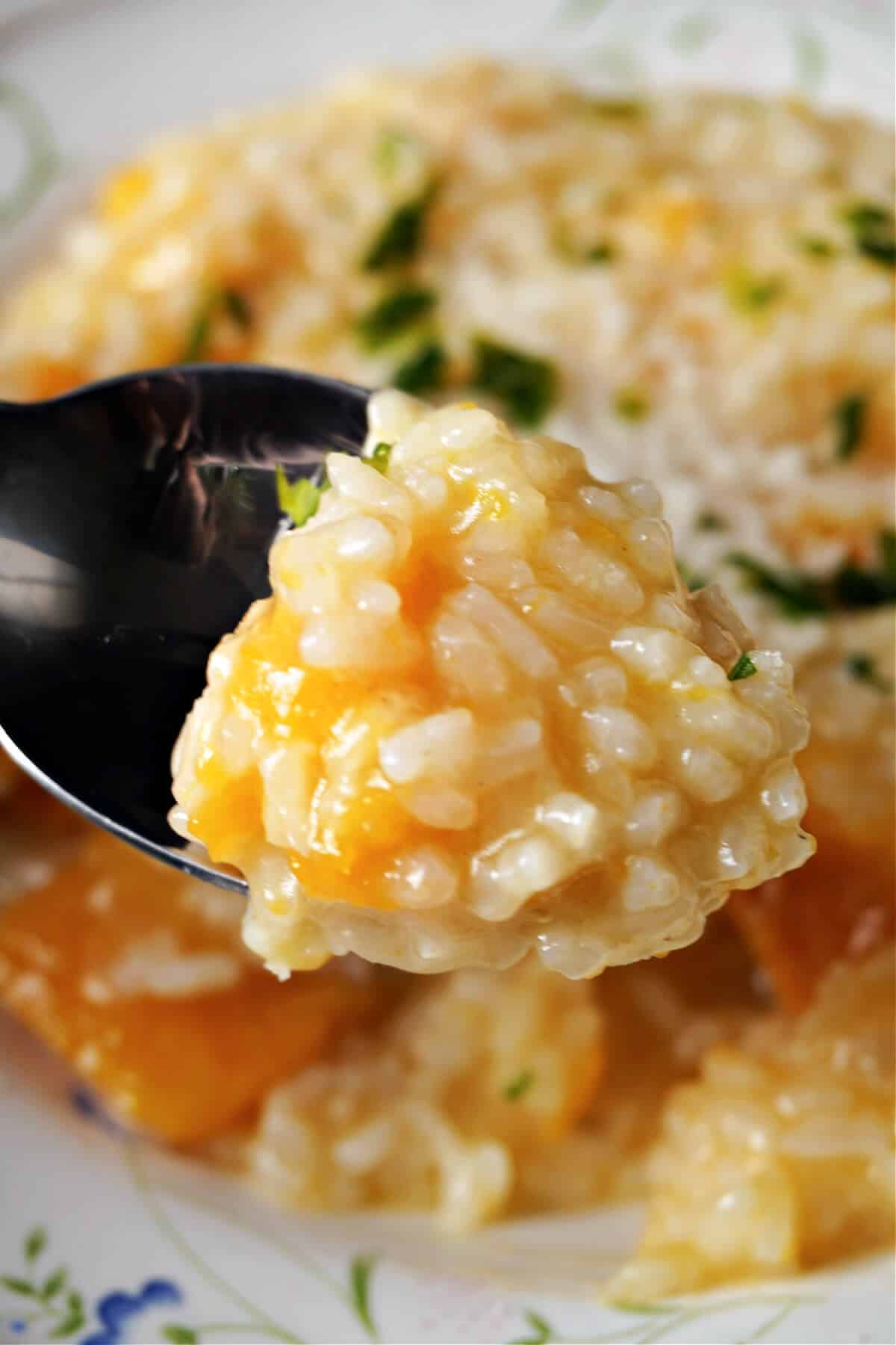 A forkful of roasted butternut squash risotto.