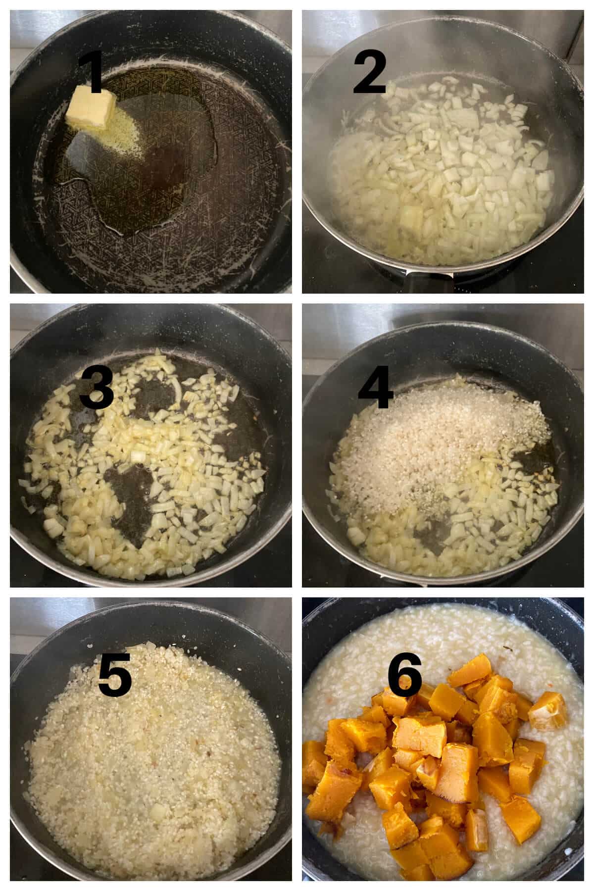 Collage of 6 photos to show how to make roasted butternut squash.