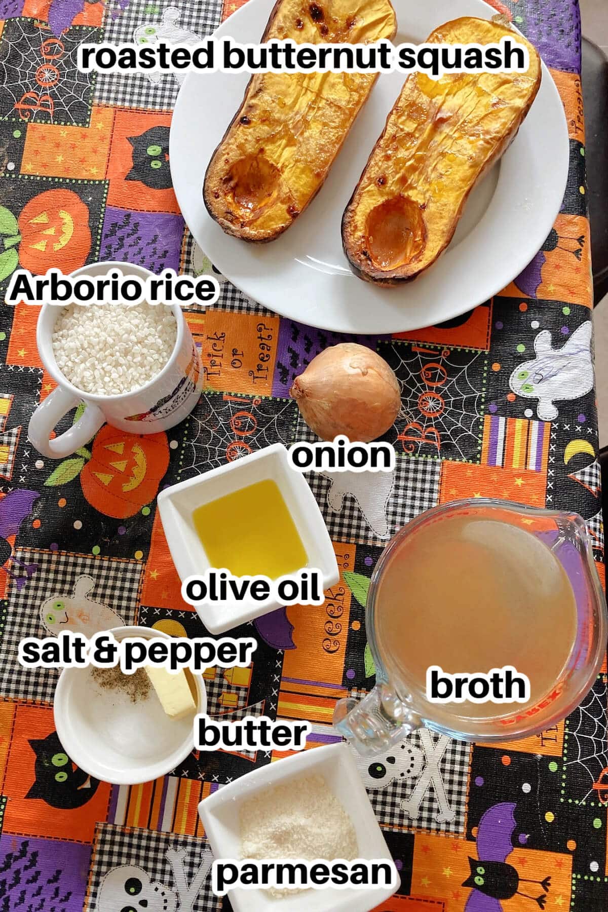 Ingredients needed to make risotto with butternut squash.