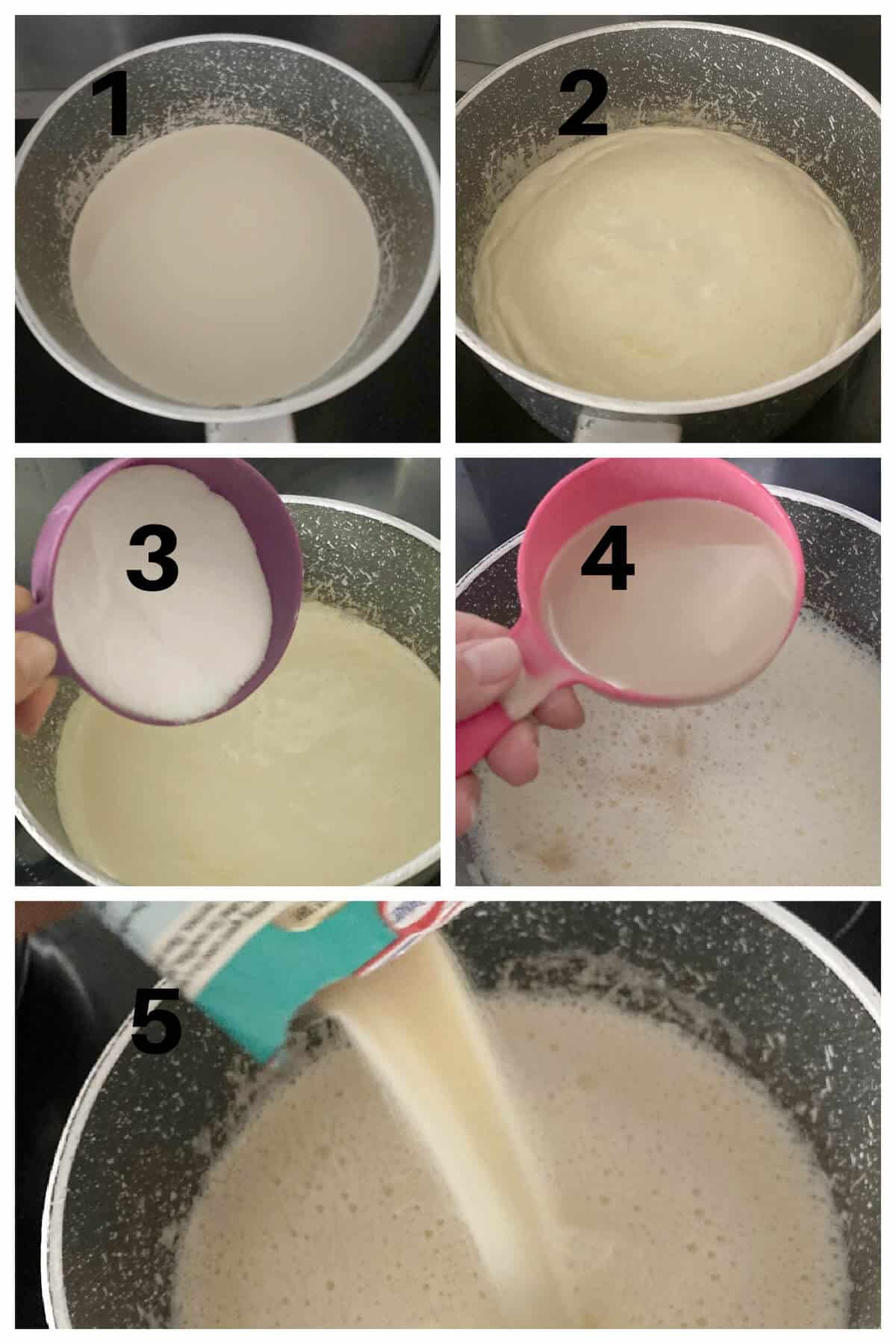 Collage of 5 photos to show how to make Baileys Panna Cotta.