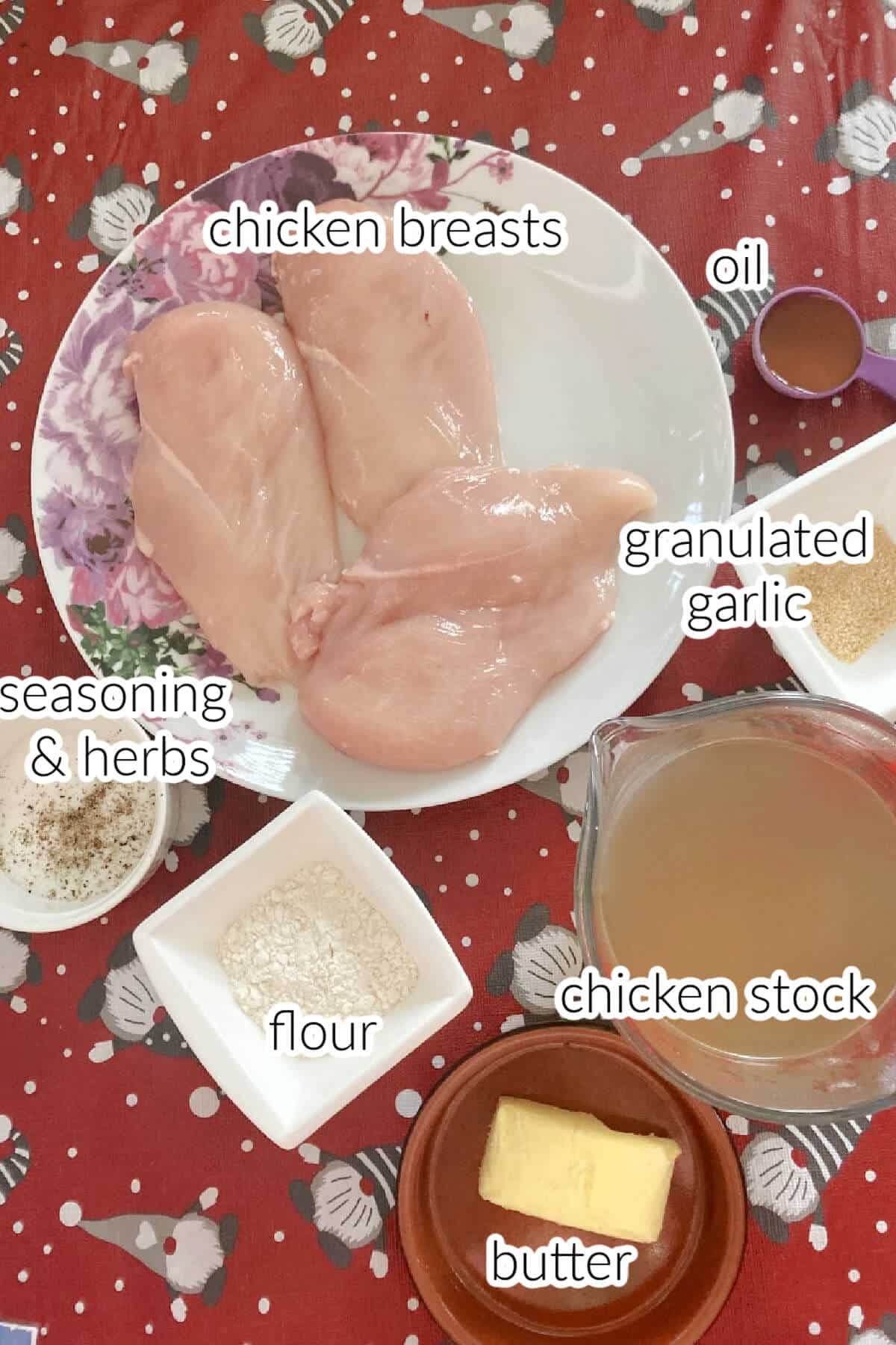 Ingredients needed to cook chicken and gravy.