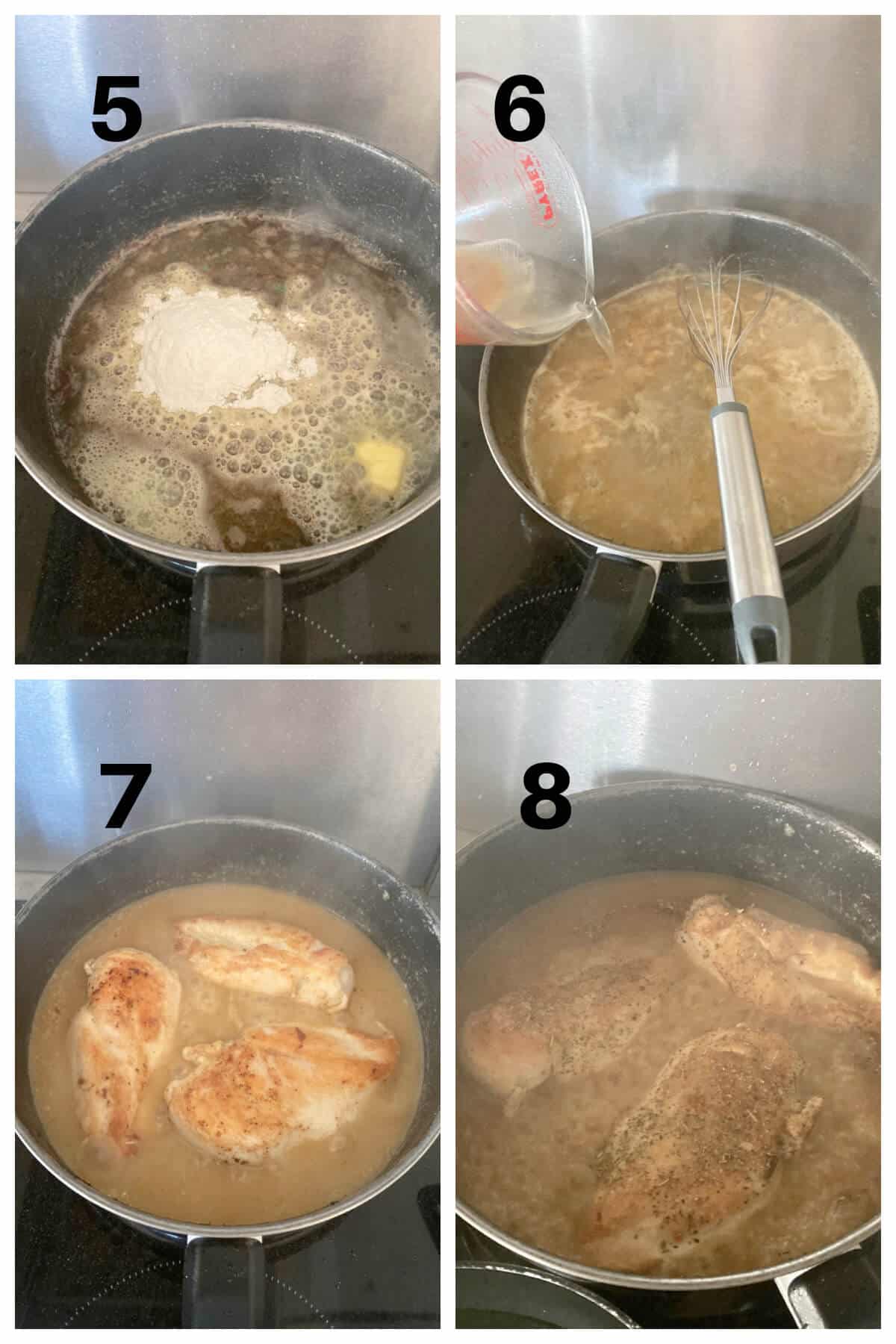 Collage of 4 photos to show how to make chicken with gravy.