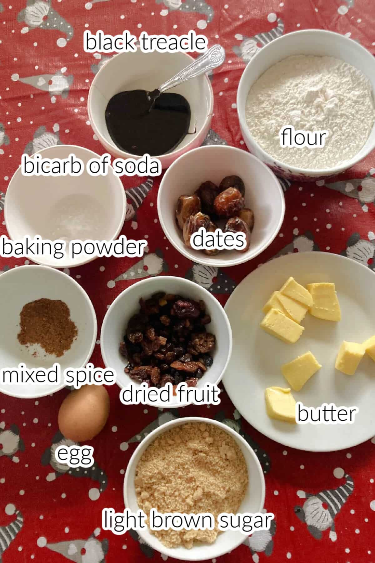 Ingredients needed to make Christmas sticky toffee pudding.