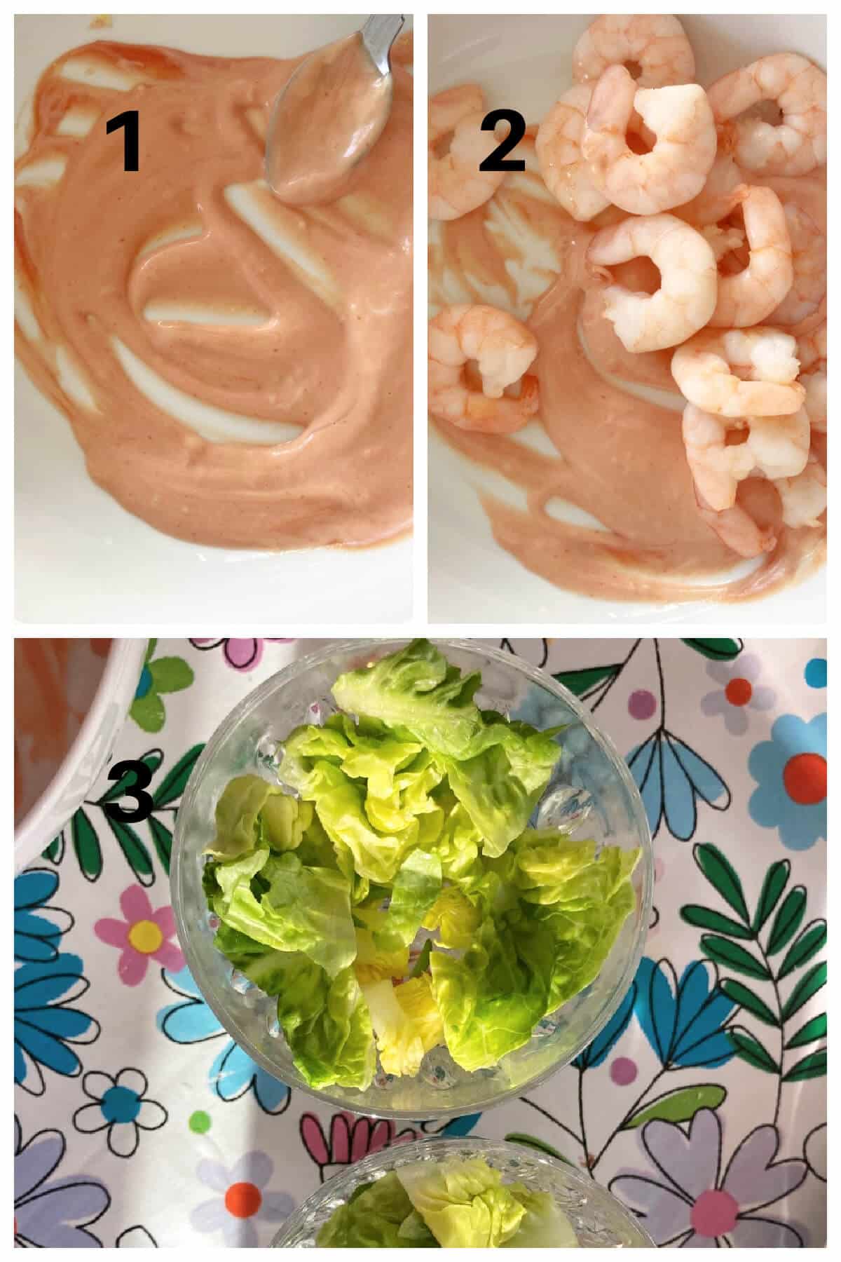 Collage of 3 photos to show how to make prawn cocktail.