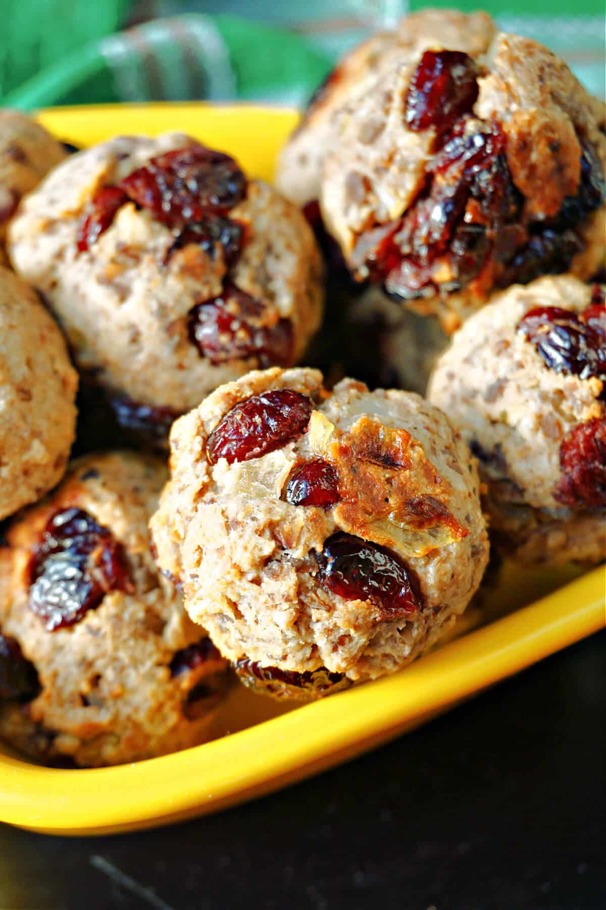 Close-up shoot of stuffing balls in a yellow bowl.