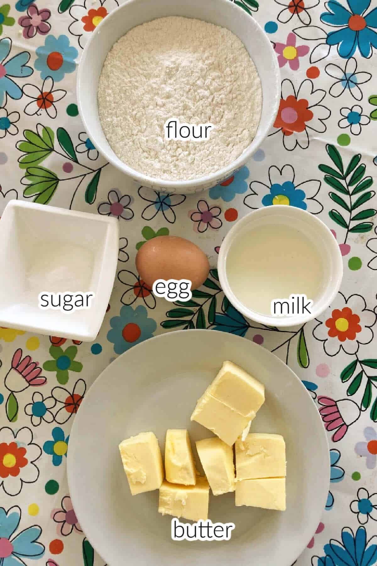 Ingredients needed to make sweet shortcrust pastry.