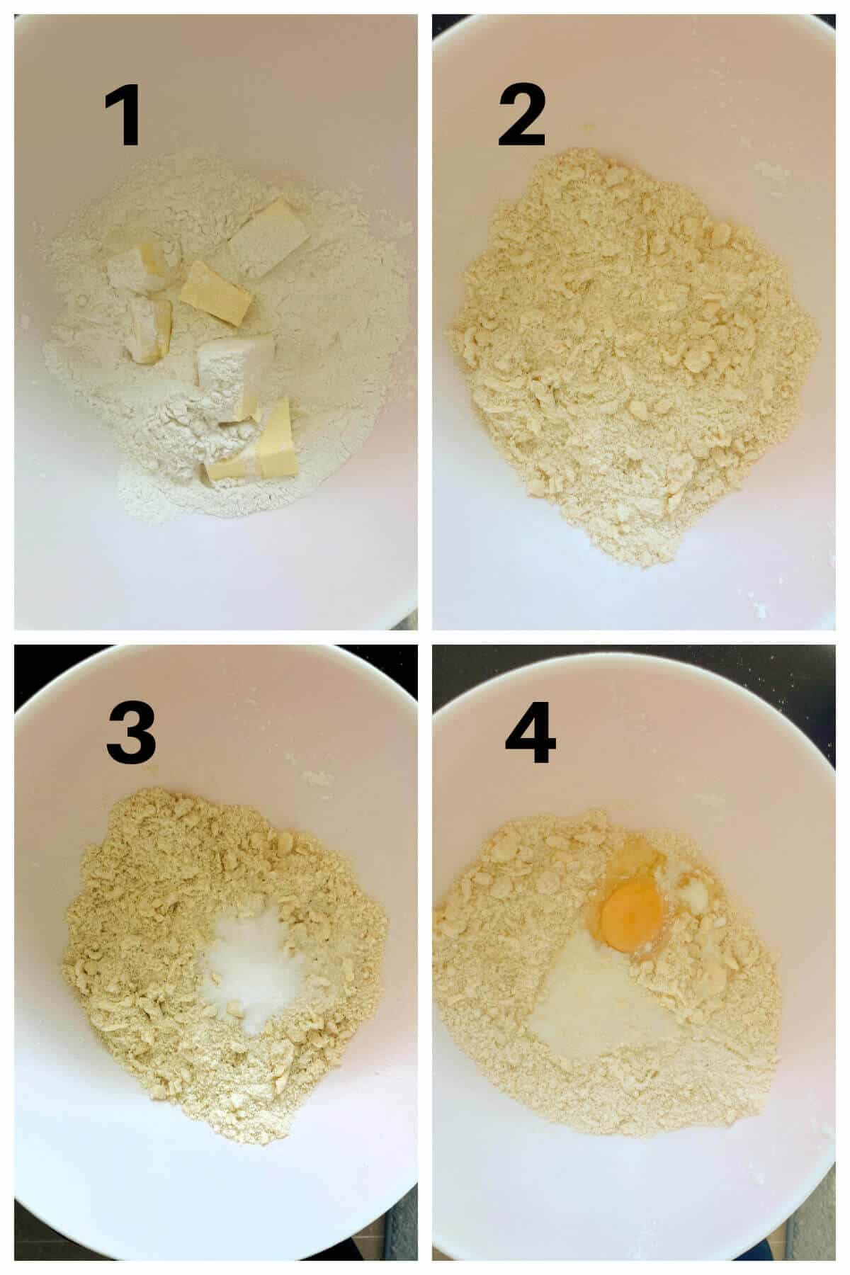 Collage of 4 photos to show how to make shortcrust pastry.