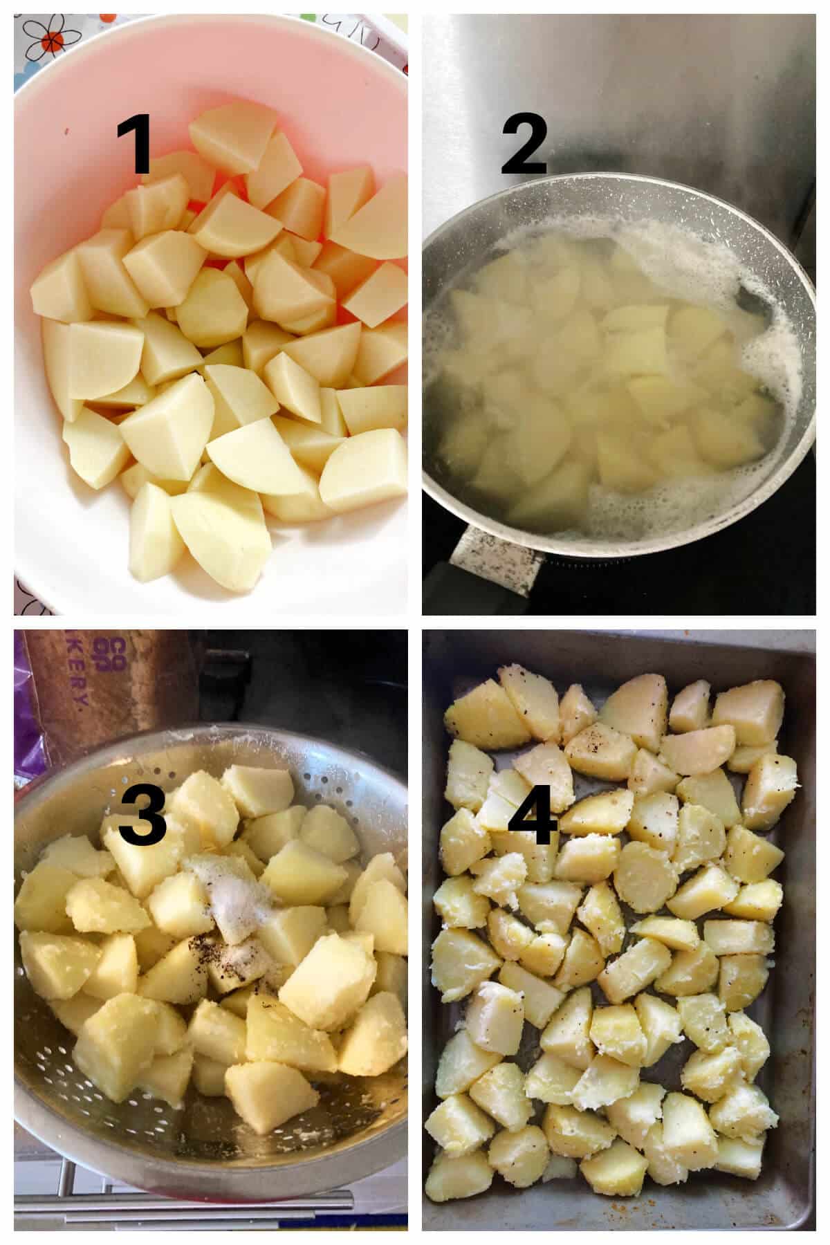 Collage of 4 photos to show how to make goose fat roast potatoes.