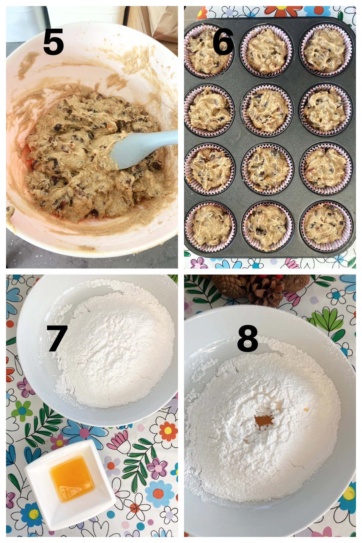 Collage of 4 photos to show how to make mini fruit cakes for Christmas.