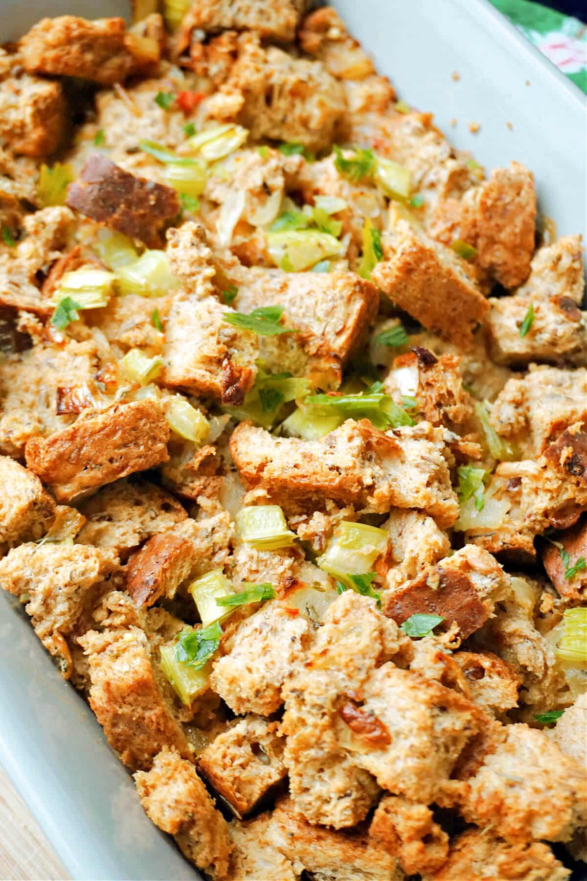 A dish with bread stuffing.