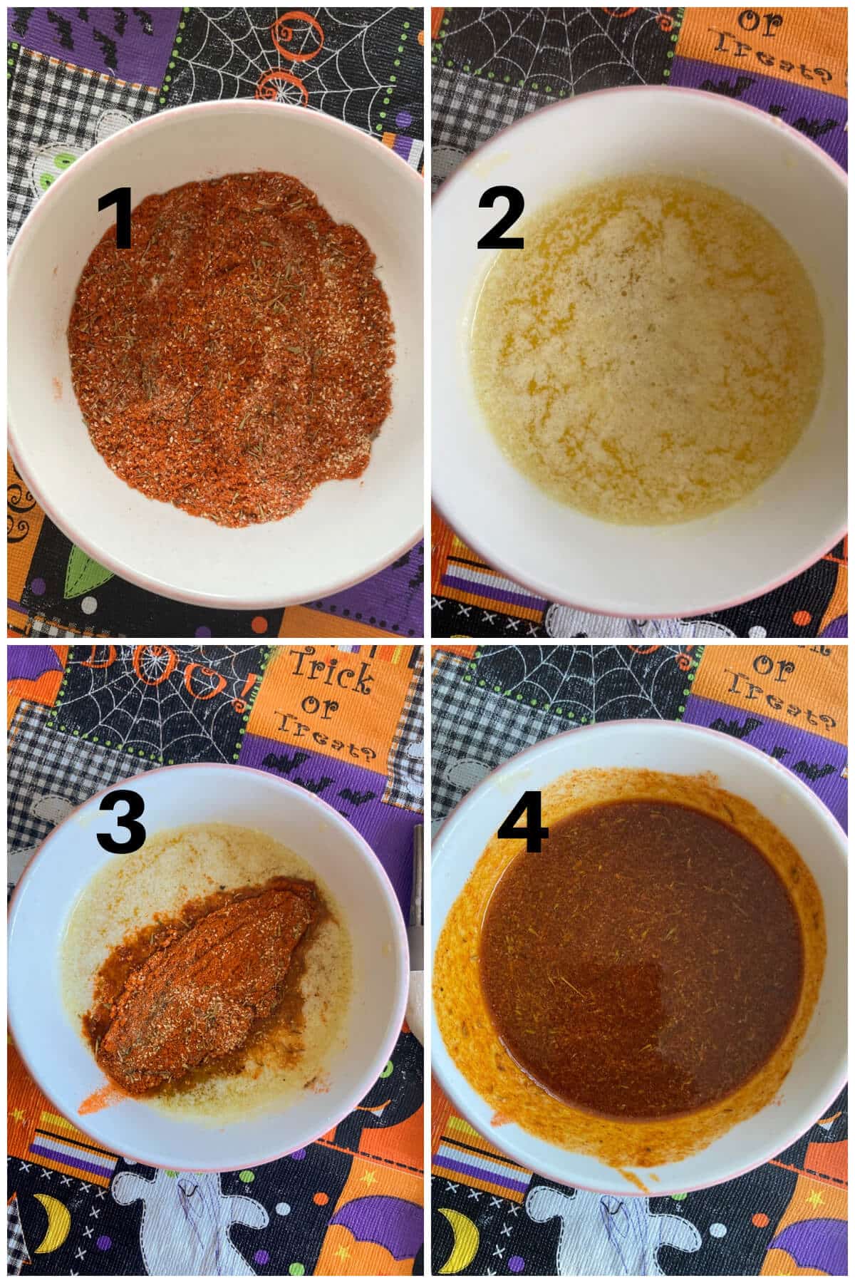 Collage of 4 photos to show how to make the mixture for turkey drumsticks.