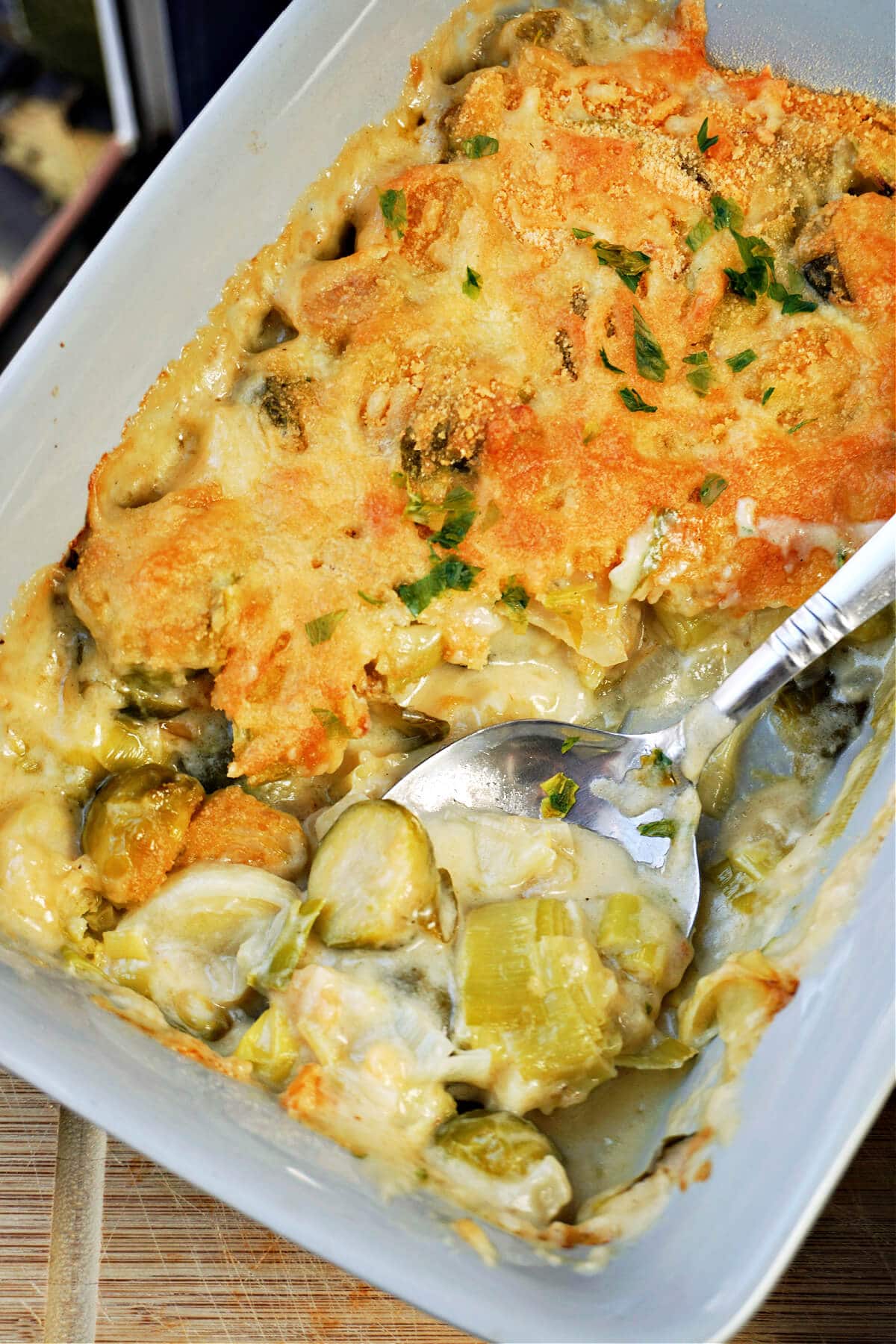 A casserole dish with veg au gratin.