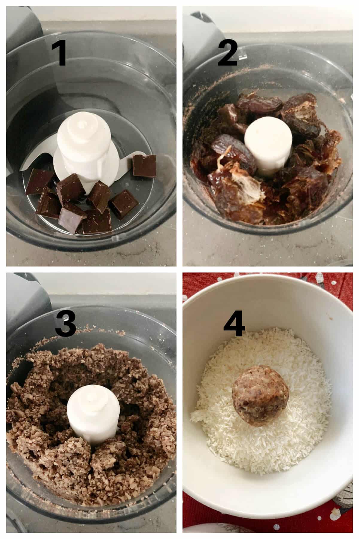 Collage of 4 photos to show how to make chestnut truffles.