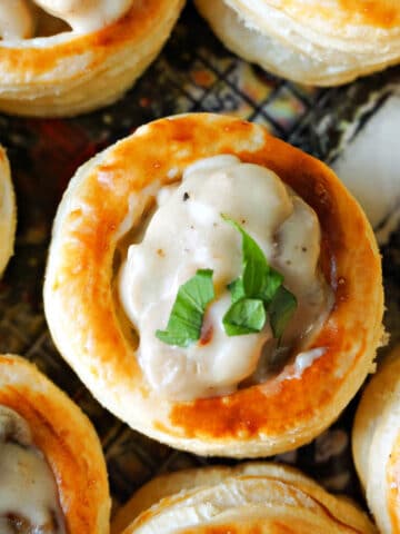 Overhead shoot of chicken and mushroom filled vol-au-vents.