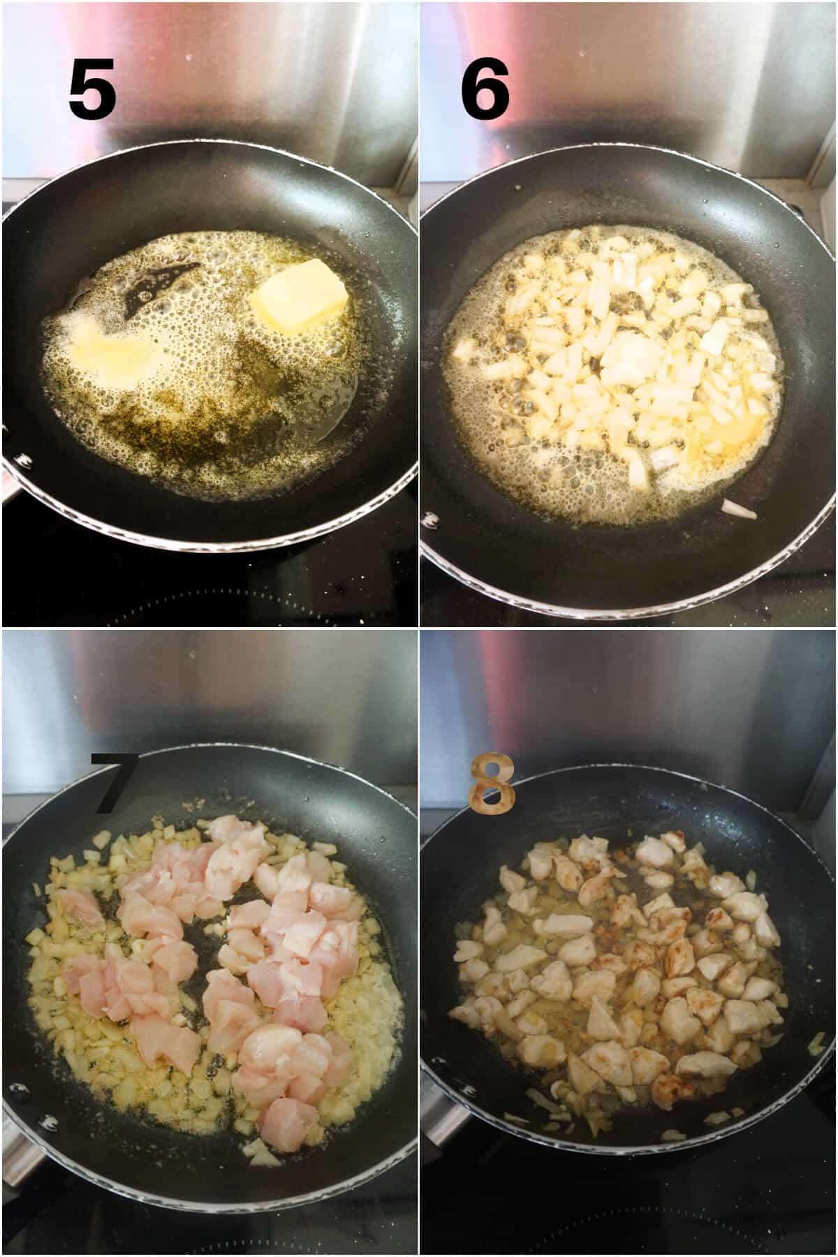 Collage of 4 photos to show how to make chicken and mushroom filling.