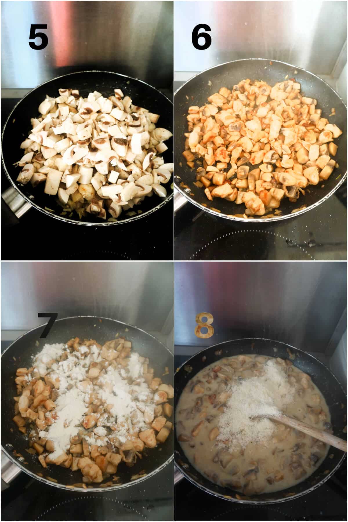 Collage of 4 photos to show how to make chicken and mushroom filling.