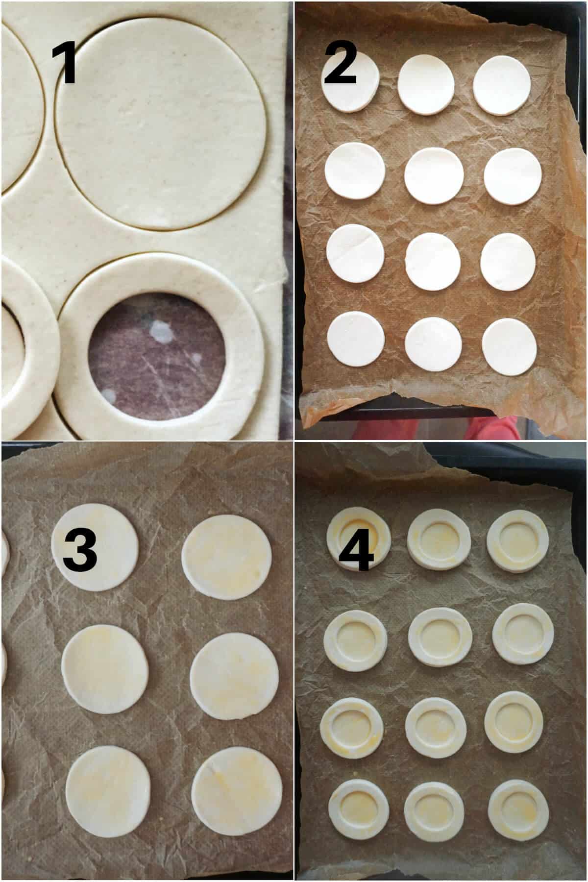 Collage of photos to show how to make pastry cases for vol au vents.