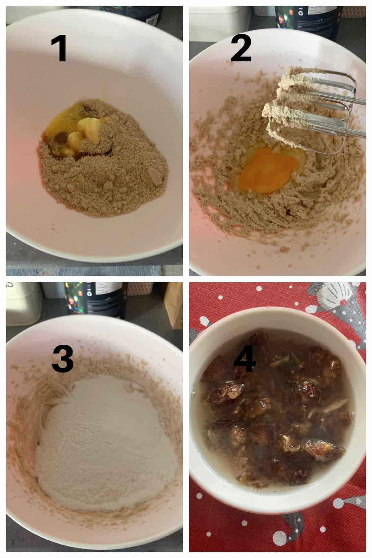 Collage of 4 photos to show how to make Christmas pudding sticky toffee.