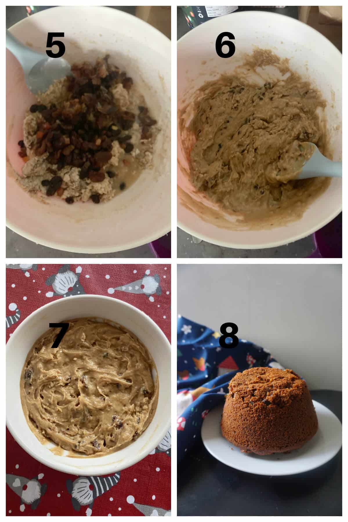 Collage of 4 photos to show how to make Christmas sticky toffee pudding.