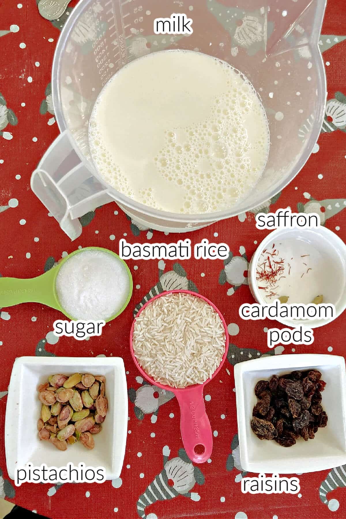 Ingredients needed to make Indian rice pudding.